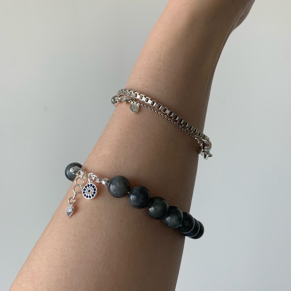 Grey Labradorite Sterling Silver Evil Eye Charm